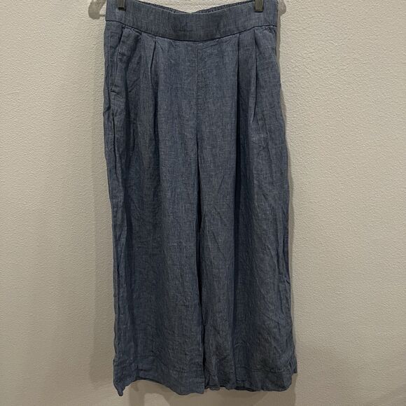 Gap Womens Blue Linen Blend Cropped Wide-Leg Pleated Pants Sz 10 Tall Flaw Read - Picture 3 of 13